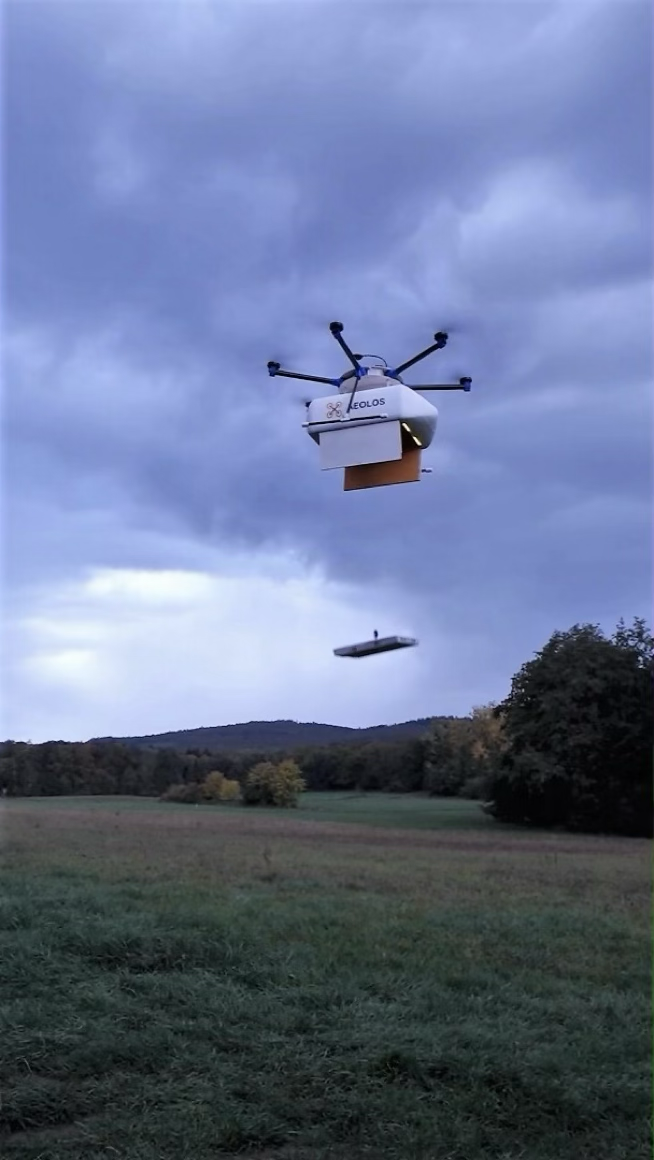 Aeolos drone during autonomous delivery test flight