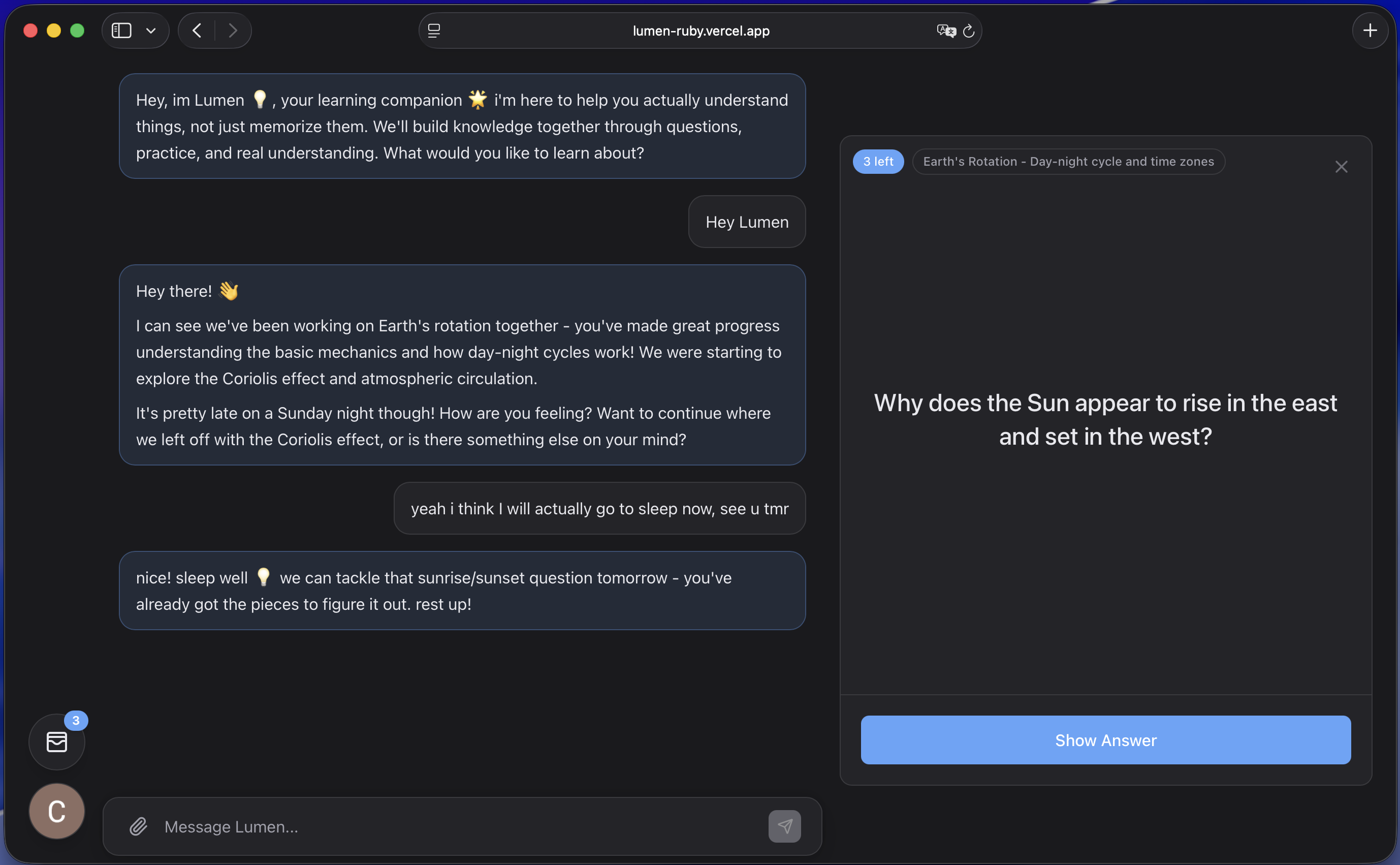 Lumen interface showing chat and learning tools