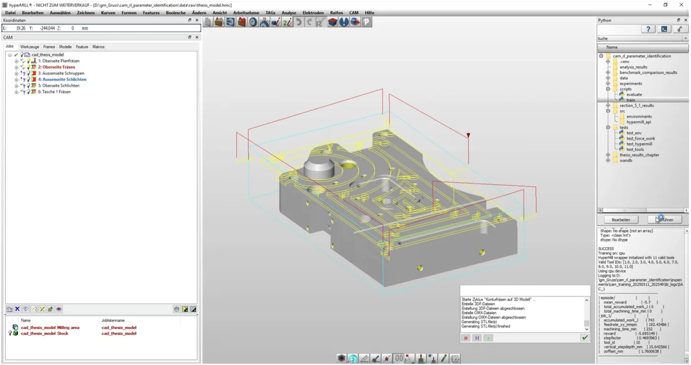 The hyperMILL CAM environment the agent acts on. Each step the agent picks a tool and four cutting parameters; hyperMILL recalculates the toolpath, simulates the cut, and returns the reward.